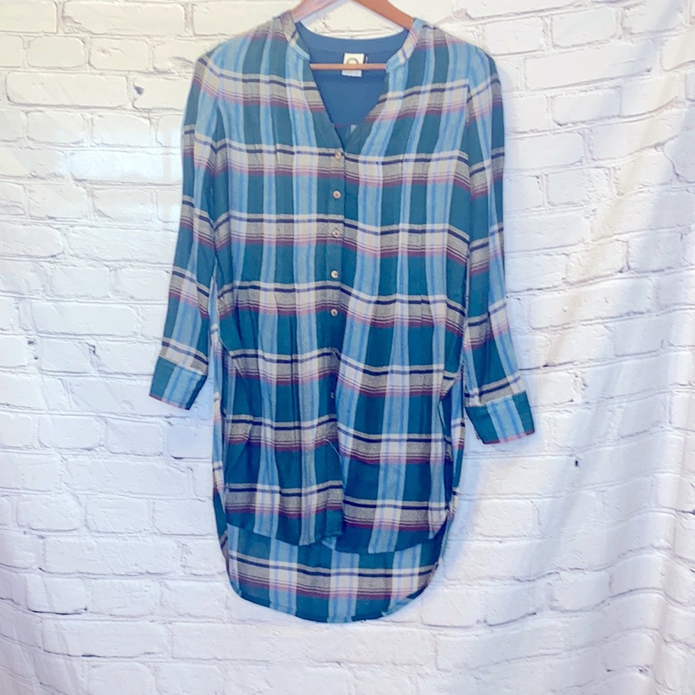 Anthropologie Akemi + Kin Green Blue Plaid Long Sleeve Blouse Size XXS